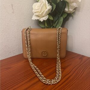 Tory Burch Brown Leather Crossbody Bag with Gold Chain